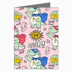Seamless-pattern-with-many-funny-cute-superhero-dinosaurs-t-rex-mask-cloak-with-comics-style-inscrip Greeting Cards (pkg Of 8) by uniart180623