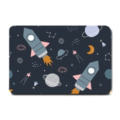 Space Background Illustration With Stars And Rocket Seamless Vector Pattern Small Doormat by uniart180623