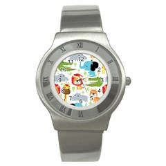 Seamless Pattern Vector With Animals Cartoon Stainless Steel Watch