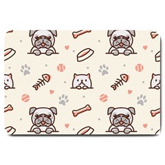 Pug-dog-cat-with-bone-fish-bones-paw-prints-ball-seamless-pattern-vector-background Large Doormat