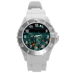 Night Black City Neon Sky Stars Moon Abstract Round Plastic Sport Watch (l) by Cowasu
