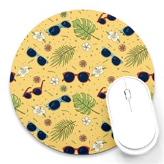 Seamless Pattern Of Sunglasses Tropical Leaves And Flower Round Mousepad by Bedest