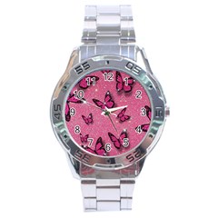 Pink Glitter Butterfly Stainless Steel Analogue Watch by Ndabl3x