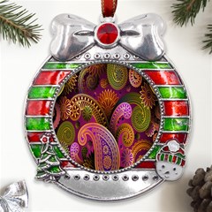Paisley Pattern, Abstract Colorful, Texture Background, Hd Metal X mas Ribbon With Red Crystal Round Ornament