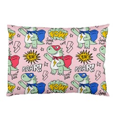 Seamless-pattern-with-many-funny-cute-superhero-dinosaurs-t-rex-mask-cloak-with-comics-style-inscrip Pillow Case