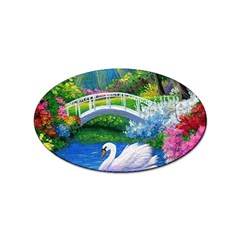 Swan Bird Spring Flowers Trees Lake Pond Landscape Original Aceo Painting Art Sticker Oval (10 Pack) by Ket1n9