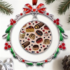 Seamless-pattern-with-sweet-cakes-berries Metal X mas Wreath Ribbon Ornament by Amaryn4rt