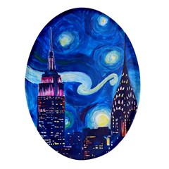 Starry Night In New York Van Gogh Manhattan Chrysler Building And Empire State Building Oval Glass Fridge Magnet (4 Pack) by Modalart
