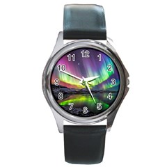 Aurora Borealis Polar Northern Lights Natural Phenomenon North Night Mountains Round Metal Watch
