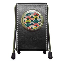 Japanese Fans Bright Pattern Pen Holder Desk Clock