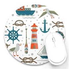 Nautical Elements Pattern Background Round Mousepad by Grandong