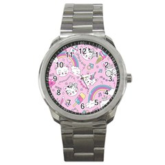 Cute Cat Kitten Cartoon Doodle Seamless Pattern Sport Metal Watch