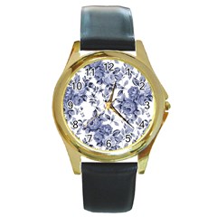 Blue Vintage Background Background With Flowers, Vintage Round Gold Metal Watch