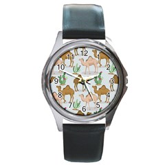 Camels Cactus Desert Pattern Round Metal Watch