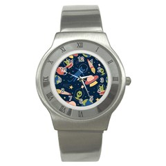 Seamless Pattern With Funny Aliens Cat Galaxy Stainless Steel Watch by Hannah976