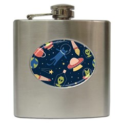 Seamless Pattern With Funny Alien Cat Galaxy Hip Flask (6 Oz)