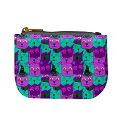 Magenta & Cyan Seamless Halloween Cats Print Mini Coin Purse