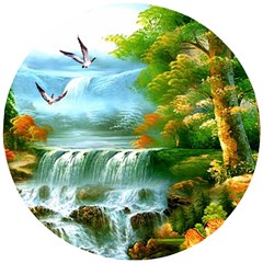 Paradise Forest Painting Bird Deer Waterfalls Wooden Puzzle Round by Ndabl3x