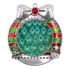 Feather, Bird, Pattern, Peacock, Texture Metal X mas Ribbon With Red Crystal Round Ornament