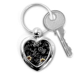 Black Background With Gray Flowers, Floral Black Texture Key Chain (heart)