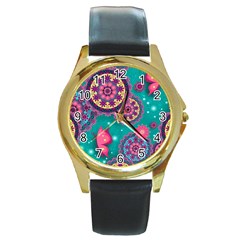 Floral Pattern, Abstract, Colorful, Flow Round Gold Metal Watch