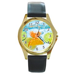 Fruits, Fruit, Lemon, Lime, Mandarin, Water, Orange Round Gold Metal Watch