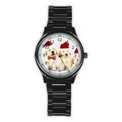 Christmas Puppies, Santa, Craciun, Christmas, Funny, Hat, Puppy, Red Stainless Steel Round Watch by kyorashop23