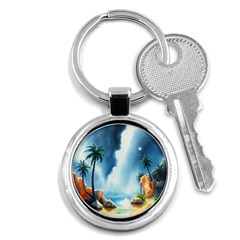 Delicate Watercolor Painting Surreal Oasis Scene With Intense Dramatic Lighting Key Chain (round) by pollyparadiseartshop