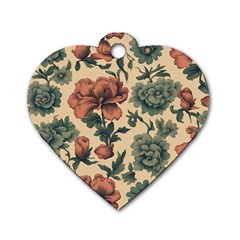 Victorian Beige And Teal Flower Pattern Dog Tag Heart (two Sides)