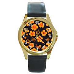 Retro 40s 50s Flowers Pattern Halloween Round Gold Metal Watch