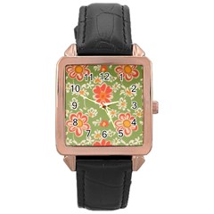 Retro 40s 50s Mexico Flowers Pattern 3 Rose Gold Leather Watch 