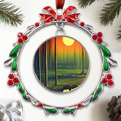 Outdoors Night Moon Full Moon Trees Setting Scene Forest Woods Light Moonlight Nature Wilderness Lan Metal X mas Wreath Ribbon Ornament by Posterlux